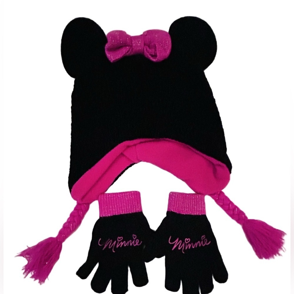Minnie Mouse Black and Pink Kids Winter Hat and Gloves Set Disney jr